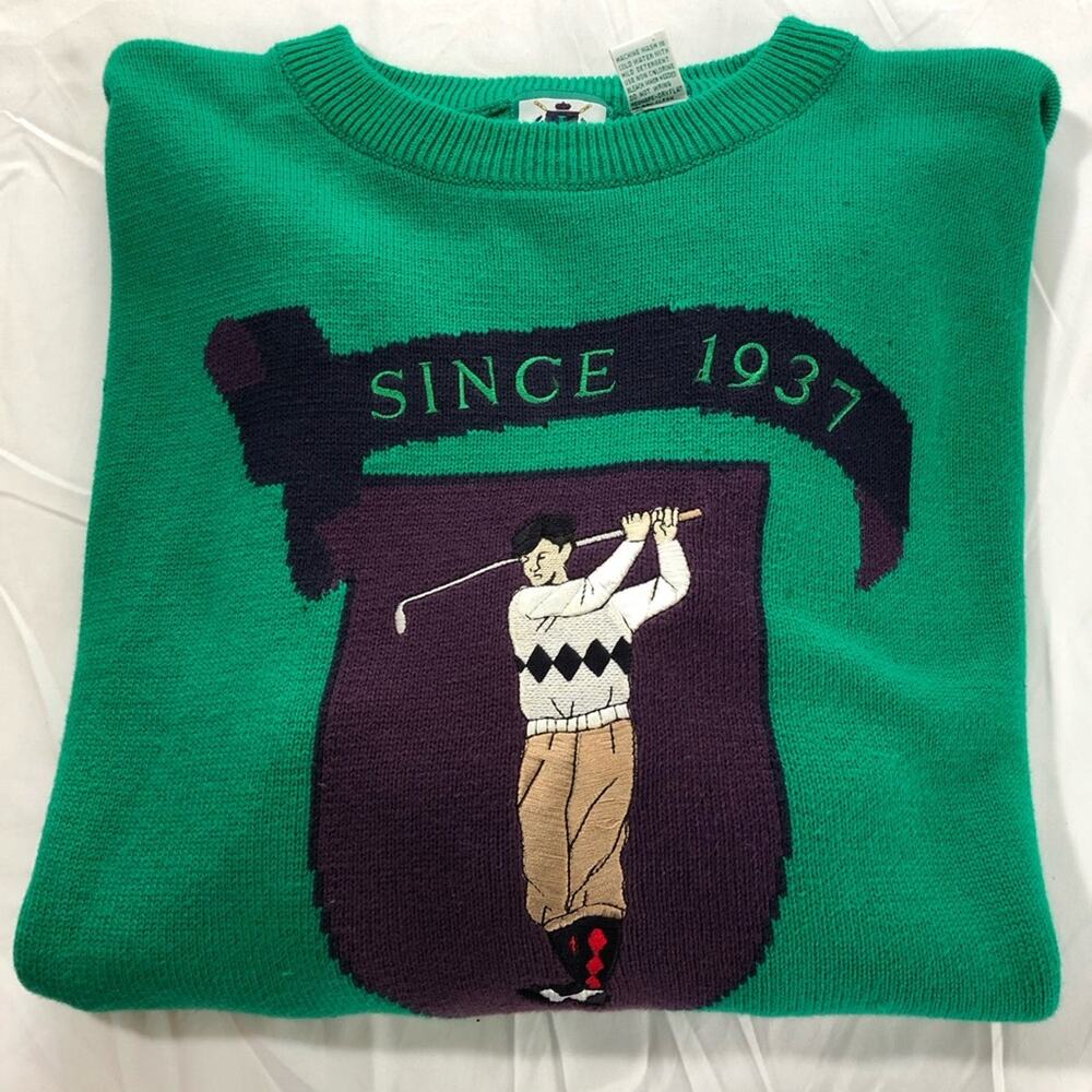 Vintage izod cotton embroidered golf green purple crewneck pullover sweater L